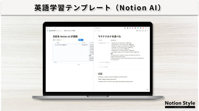 Notionテンプレート「英語学習テンプレート（Notion AI）」のキャプチャ